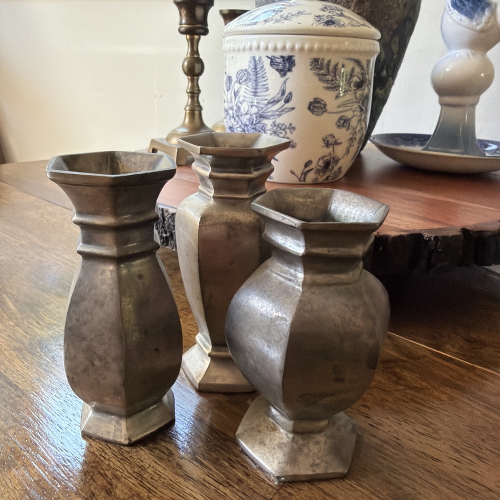 Pottery Barn Mini Metal Bud Vases Set of 3 Hexagon Vintage Style Table Decor